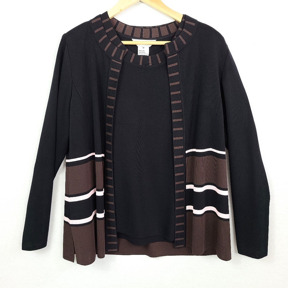 Misook Black Brown Striped Cardigan Tank Top Set